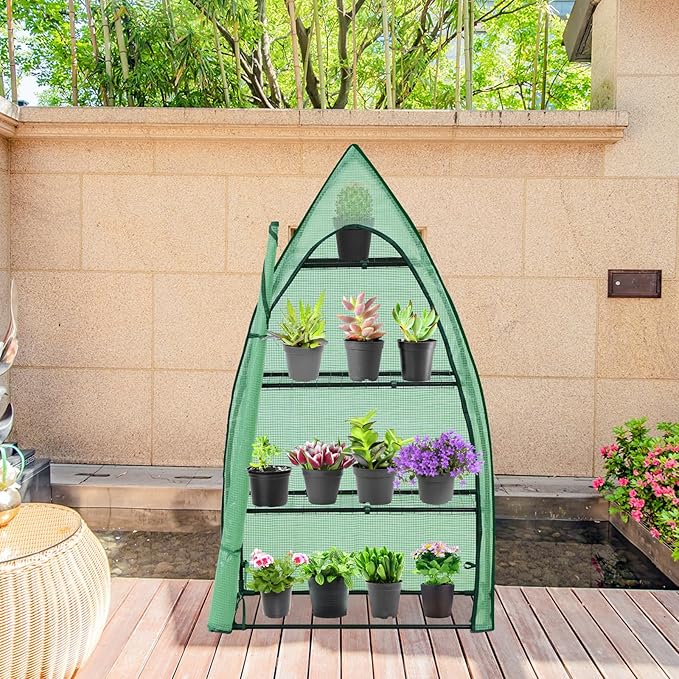 EAGLE PEAK 4-Tier Mini Greenhouse Portable Green House with Shelves &amp Weather-Resistant PE Cover Small Greenhouse for Seedlings &amp Gardening Gifts 35x18x63 in Clear/Green