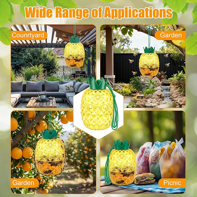 4 Pack Wasp Trap Outdoor Hanging Reusable Yellow Jacket &amp Hornet Trap with Bait Reservoir Durable Outdoor Bee Catcher for Garden Patio Orchard Pineapple Design