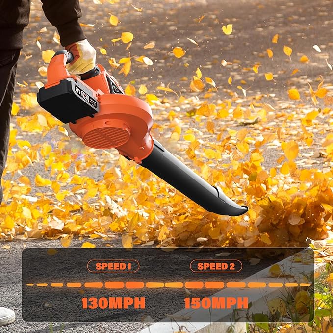 SOYUS Leaf Blower 20V Leaf Blower Cordless with 2x2.0Ah Battery and Charger 150 MPH Electric Leaf Blowers with Two-Speed Mode Blowers for Lawn Care Debris Dust Cleaning(Orange)