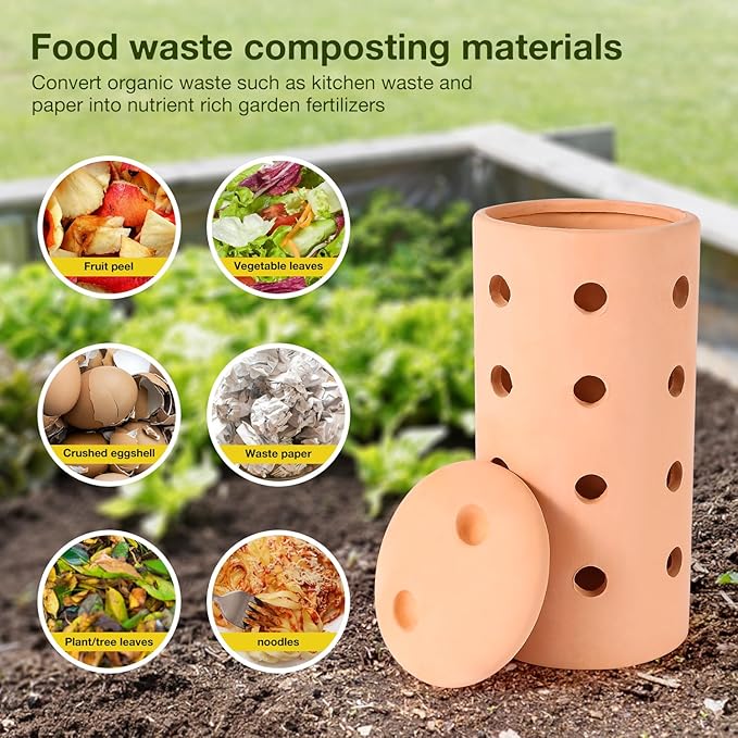 2pcs Underground Compost Bin 10 * 4.13 * 4.13Inch Garden Worm Farm Outdoor for Organic Refuse Red Pottery Ceramics Compost Bin with Holes and Lid Clay for Garden