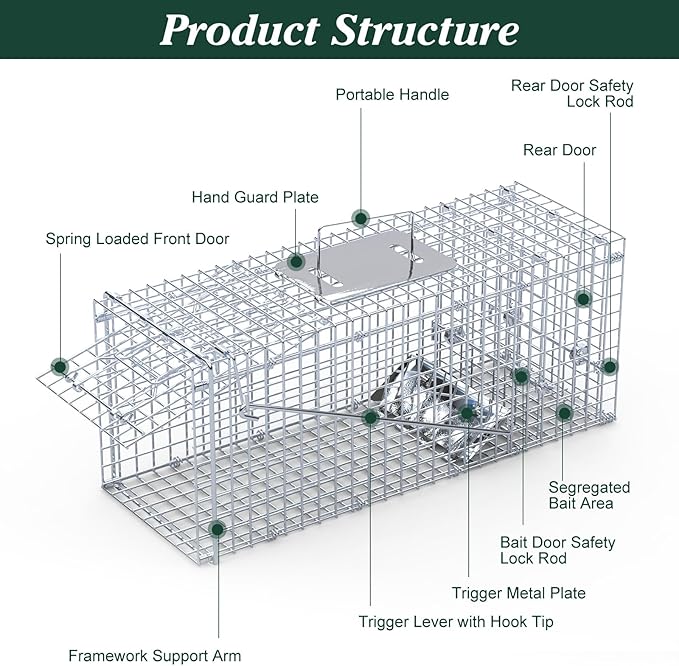 25'' Live Animal Trap Heavy Duty Humane Live Cage for Stray Cats Raccoons Squirrel Skunk Mole Groundhog Armadillo Rabbit Raccoon Trap Catch and Release