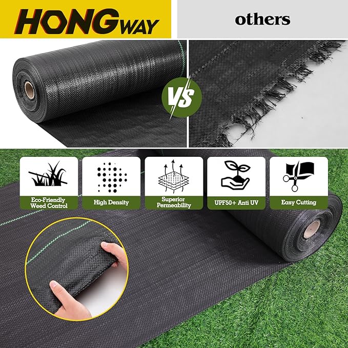 HongWay 6FT x 300FT Weed Barrier Landscape Fabric Heavy Duty Woven Geotextile Weed Blocker Fabric with 120 U-Shaped Securing Pegs Weed Control Mats Ground Cover for Garden Beds Commercial Driveway