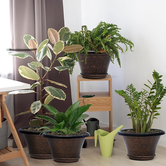 Quarut 12 Inch Pots for Plants4 Pack Large Flower Pots with Drainage Hole &amp SaucerModern Planters for Indoor Outdoor PlantsDecorative Resin Garden Pots Brown