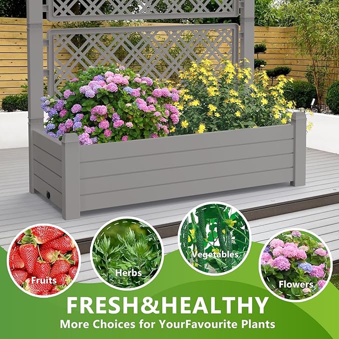 Vertical Garden Planter with Trellis for Climbing Plants Outdoor Raised Bed with Drainage &amp Water Gauge Weatherproof Resin for Patio Balcony Yard Dust-Resistant (Grey 43.43*18.27*59.29)