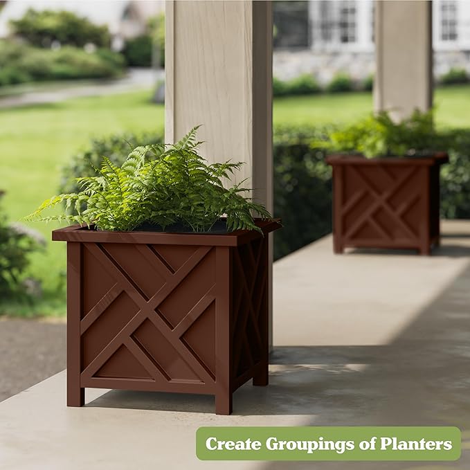 Lattice Design Planter Box - 15.5-Inch-Square Decorative Outdoor Flower or Plant Pot - Front Porch Patio and Garden Decor by Pure Garden (Brown)
