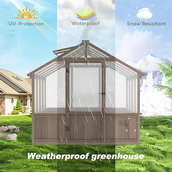 VEIKOU 8’x8’ Greenhouses for Outdoors Walk-in Wood Greenhouse with Cedar Frame &amp Adjustable Vents Garden Green House with 6MM Thick Polycarbonate Panel for Outside Backyard Light Brown Mocha