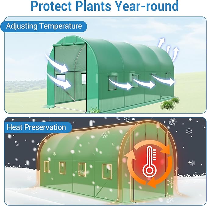 Greenhouses for Outdoors 15’x7’x7’ Walk-In Tunnel Greenhouse with 8 Ventilated Mesh Windows &amp Roll-Up Door &amp Reinforced Frame for Outdoor Gardening Enhanced Galvanized Steel Frame &amp Dura