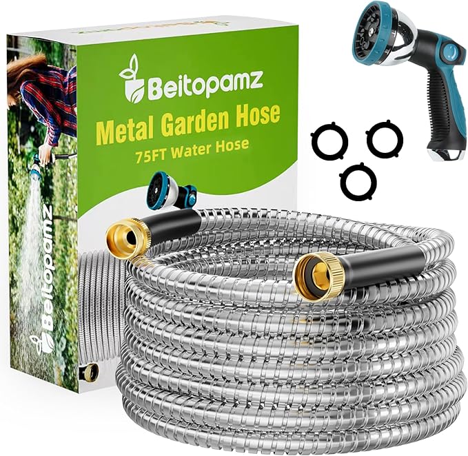 Garden Hose 75 ft Stainless Steel Metal Water Hose with Nozzle Flexible and Durable Rust Proof No-Kink Heavy Duty Leakproof 3/4'' Brass Fittings Lightweight Hose for Patio Lawn