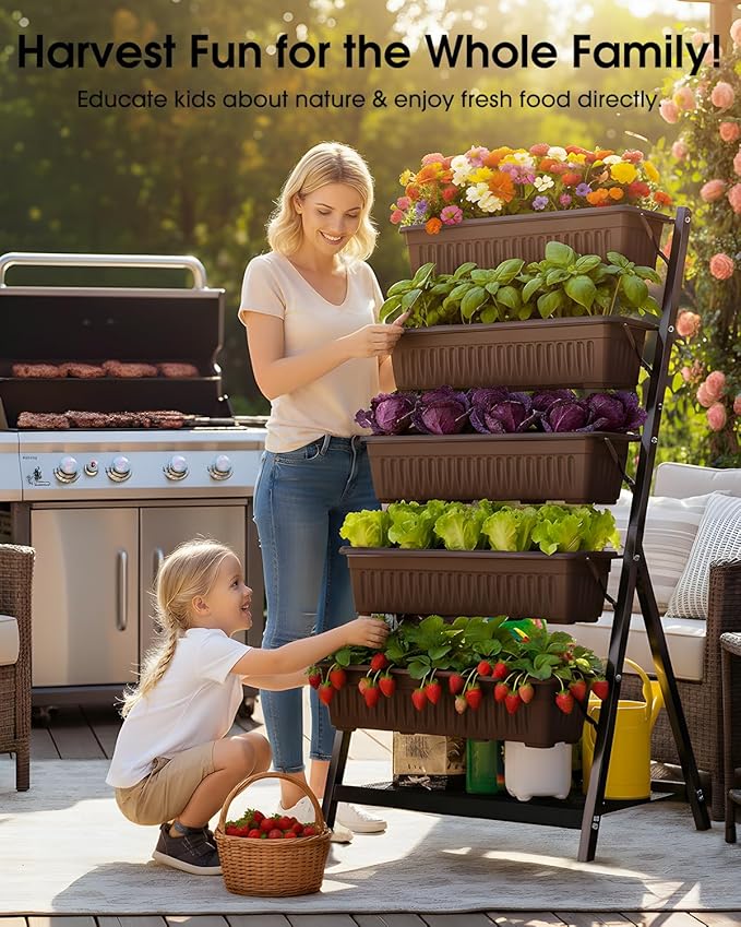 5-Tier Vertical Garden Bed Planter Boxes with Drainage System &amp Storage Space Freestanding Vertical Garden Planter with 5 S-Hooks for Plants Vegetables Flowers Herbs in Garden Patio Yard