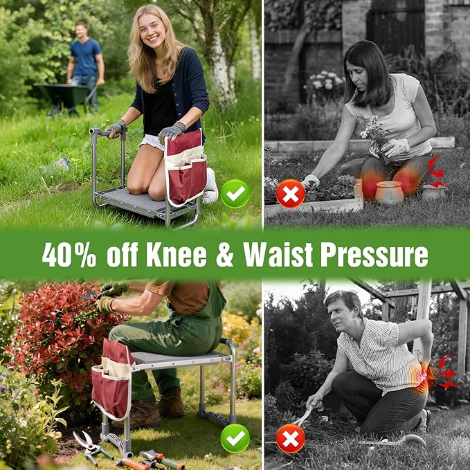 Foldable Garden Kneeler and Seat 2 in 1 Heavy Duty Garden Stool Portable Gardening Knee Seat with Pad &amp Tool Bag Sturdy Garden Kneeling Bench for Weeding Planting Supports Up to 400lbs