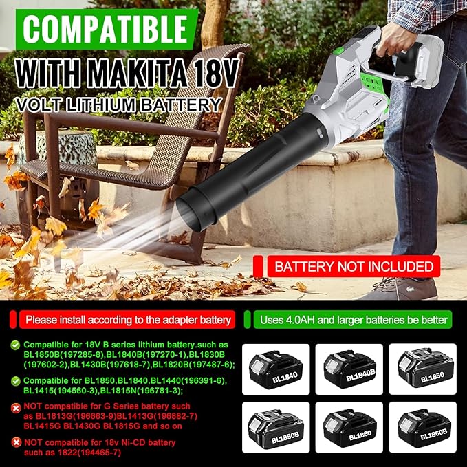 Cordless Leaf Blower Battery Powered Up to 600CFM Compatible with Makita 18V Battery(Bare Tool) 6 Speed Modes Handheld Leaf Blowers for Lawn Care Yard Garage Snow
