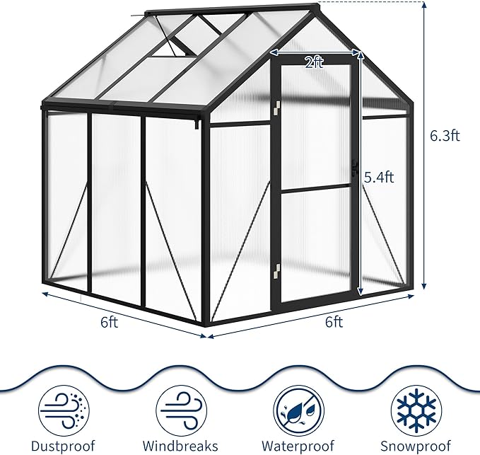 6x6 ft Greenhouse for Outdoors Polycarbonate Greenhouse with Roof Vent Ground Nails Lockable Push Door Aluminum Large Walk-in Green House for Outside Garden Backyard Patio Lawn Black
