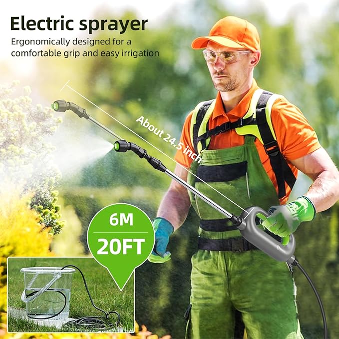 Battery Powered Sprayer Wand Garden Electric Sprayer 24.5 Telescopic Wand with 20 FT Hose 7.2V Voltage 3 Adjustable Nozzles Portable USB-C Rechargeable Water Spray for Lawn and Outdoor