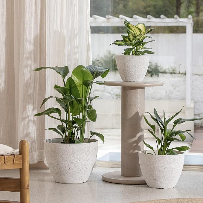 LA JOLIE MUSE 14.2/11.3/8.6 Inch PlantersIndoor/Outdoor White Planters Set of 3Plant Container with Drain HolesFlower Pots for Patio and Deck