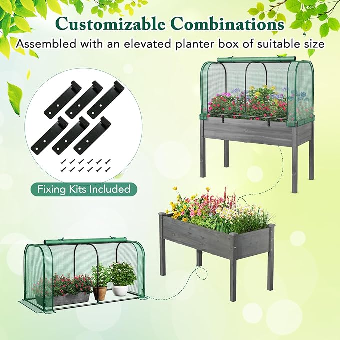 Raised Garden Bed with Greenhouse Waterproof Sun-Protective Green House with Roll-Up Door &amp Electroplated Metal Frame Pine Wood Elevated Planter Box with Drainage Holes (Green+Gray)