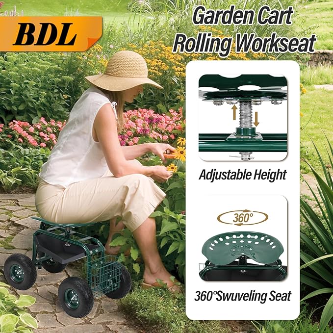 BDL Garden Cart Outdoor Rolling Garden Workseat with Wheels Heavy Duty Garden Tool Cart with Extendable Handle and Storage for Seniors Yard Gardening Work