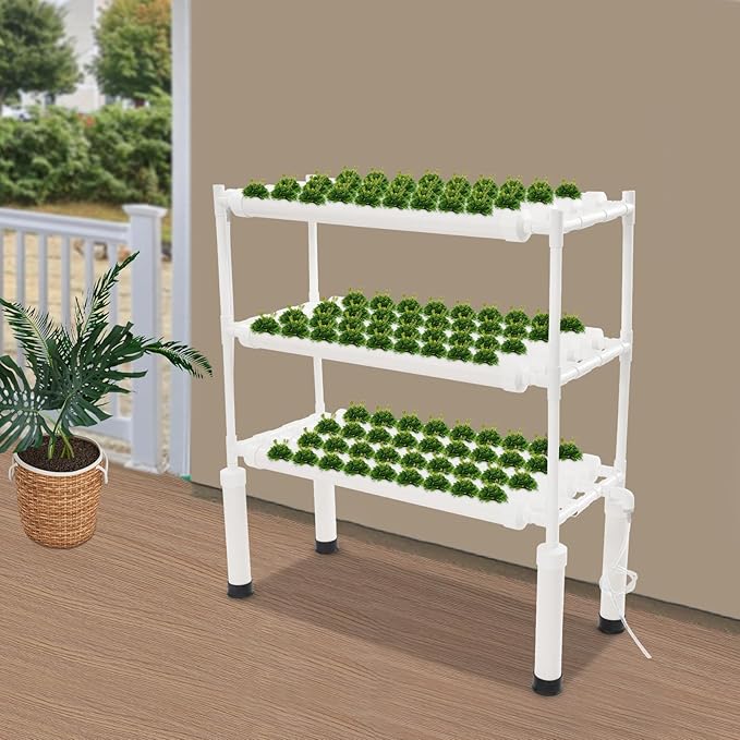Hydroculture System 108 Planting Places 3 Floors Vertical Hydroponics Growing System Indoor Hydroponics Plant for Herbs Salad Vegetables with Timer &amp Pump White