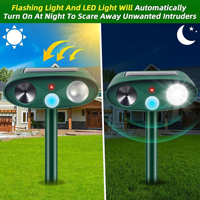 2Pack Solar Ultrasonic Animal Repellent Outdoor with Motion Detection&ampFlash LightUSB Rechargeable Waterproof Cat Repellent Outdoor Keep Deer Squirrel Rabbit Opossum Raccoon Away for Yard Garden L
