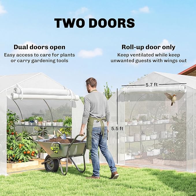 Outsunny 10'x11'x6' Walk-in Tunnel Greenhouse with Shelves Mesh Door and Windows Plant Hot House with PE Cover Outdoor Green House for Patio Lawn Garden White