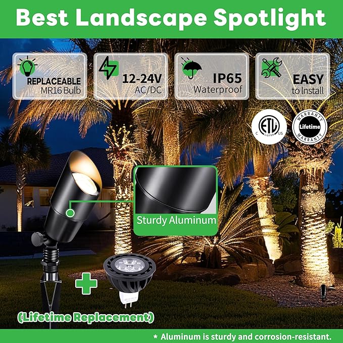 12V Landscape Spotlight Bundle - 4 Pack Spotlight 65FT 16/2 Cable Outdoor Waterproof LED Fixture for Garden Wall Tree with 5W 2700K Warm White MR16 Bulb