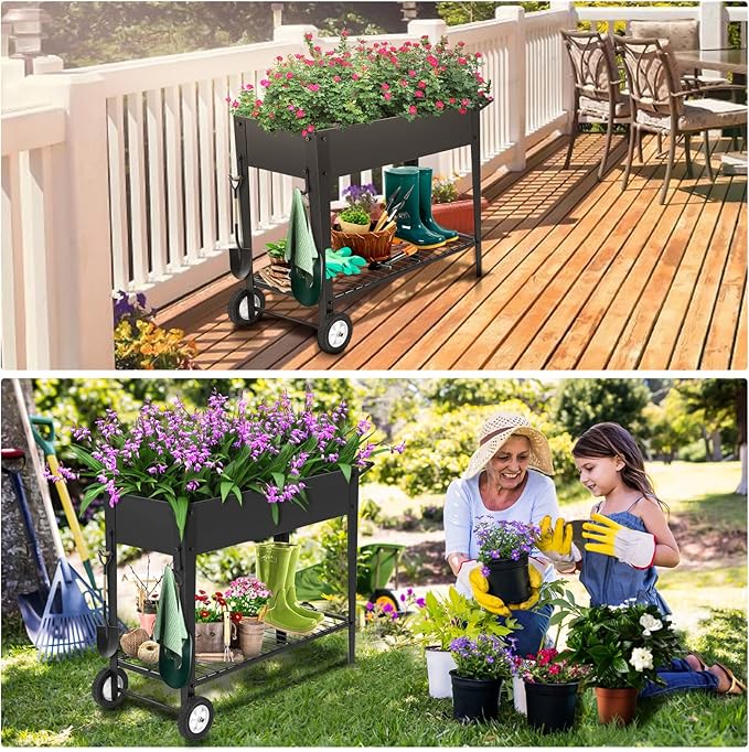 GARFANS Raised Garden Bed Metal Raised Planter Box Outdoor with Legs 2 Wheels and Shelf Elevated Garden Bed Box for Vegetable Indoor Herb Flower Backyard Patio 40 L x 16 W x 31.5 H