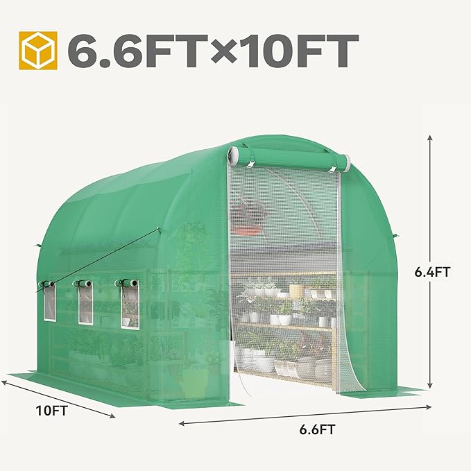 DWVO 10x6.5x6.5ft Greenhouse Large Walk-in Green House Tunnel Greenhouses Outdoor Portable Plant Gardening Upgraded Galvanized Steel Frame Zipper Doors 5 Crossbars Garden Green