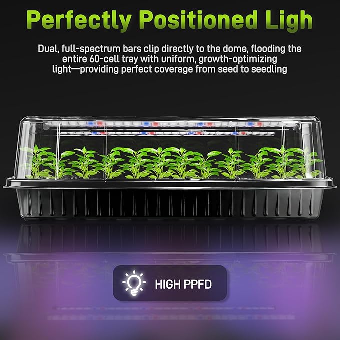 120-Cell Seed Starter Tray with Grow Light Seedling Starter Trays with 4.08 Humidity Dome Self-Watering Plant Germination TraysSeed Starter Kit for Seeds Growing (Black)
