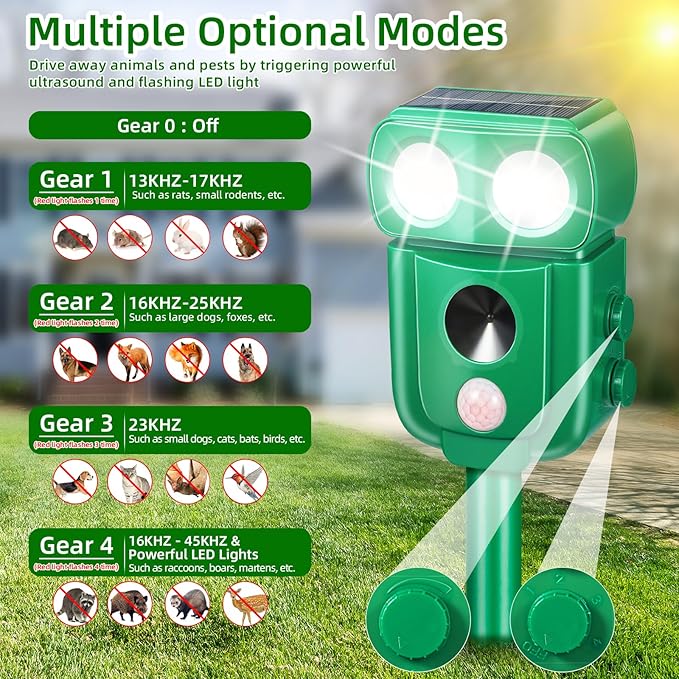 Solar Ultrasonic Animal Repellent Outdoor 4 Pack Cat Squirrel Rabbit Dog Deer Repellent Devices Skunk Coyote Raccoon Fox Deterrents Light Animal Repeller with Motion Sensor for Yard Garden (4 Green)