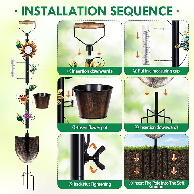 Garden Trellis with Thermometer Rain Gauge Outdoor 55 Inch Shovel Plant Trellis with Planters for Climbing Plants - Decorative for Patio Lawn Yard Backyard