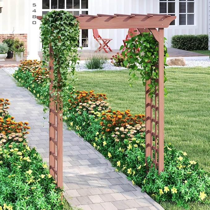 Wooden Garden Arbor Trellis Brown Fir Wood Outdoor Pergola Arch with Lattice Panels 85x63x26 Inch for Wedding Ceremony Plant Climbing Backyard Decor