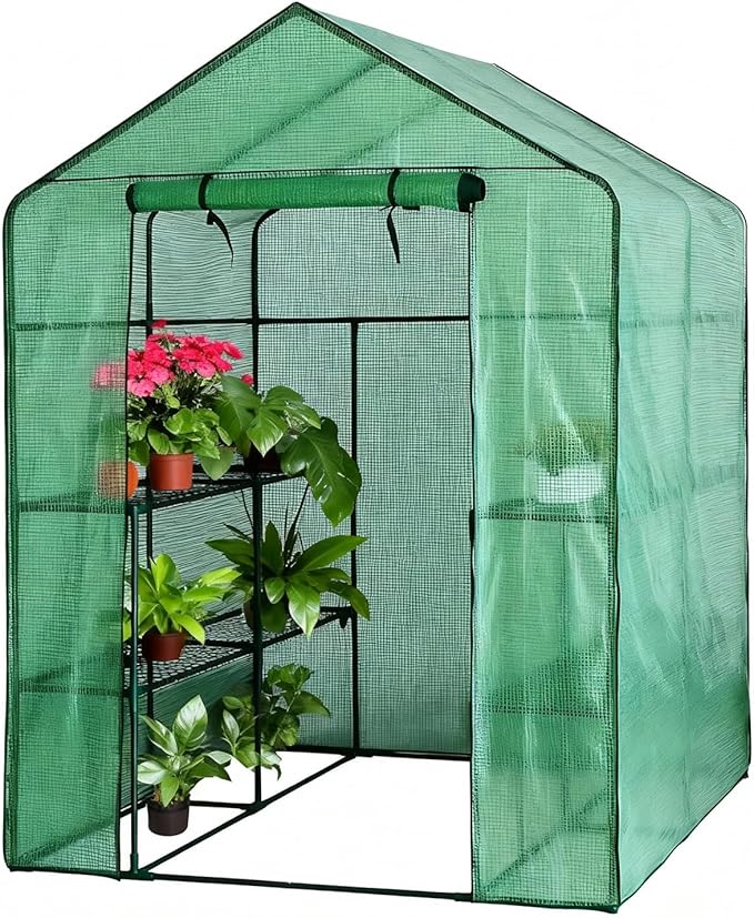 Walk-in Greenhouse 56 x 56 x 77 Inch Outdoor Plant Green House with 3 Tiers 8 Shelves Heavy Duty Steel Frame &amp Thicken PE Cover Portable Greenhouses for Balcony Patio Deck Gardening Green