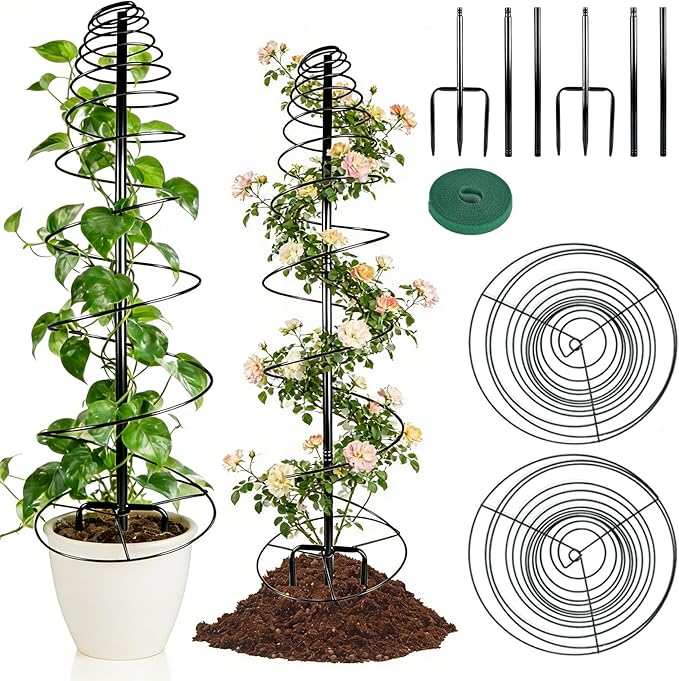2 Pack Spiral Metal Trellis for Climbing Plants Outdoor 41 Adjustable Plants Trellis Support Metal Garden Trellis with Center Pole and 3 Pronged Climbing Plant Grow Cage Stand for Plants Flowers