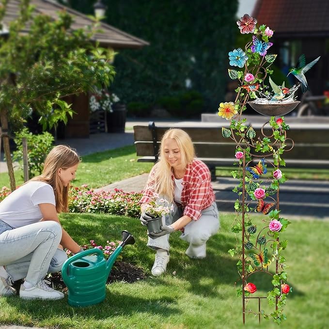 57” Bird Bath with Garden Trellis for Climbing Plants Outdoor Small Decorative Trellises Metal Birdbath Bird Baths 1 Piece (Butterfly)
