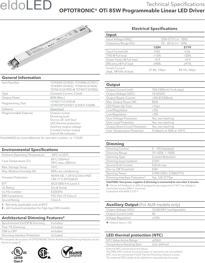 eldoLED | 2743W5 OPTOTRONIC OTi 85W Programmable Linear LED Drive | Replacement for Osram 57420 | Oti85/120-277/2A3/DIM-1 L