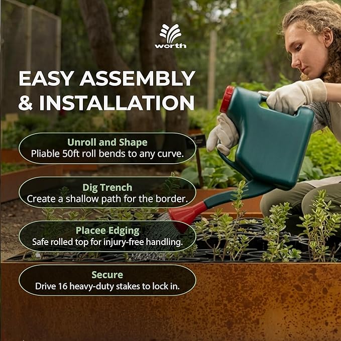 Worth Galvanized Steel Landscape Edging Roll Flexible Metal Garden Border Fence with 8 Stakes for Lawn Flower Bed Yard 6 Inch x 25 Foot Rust
