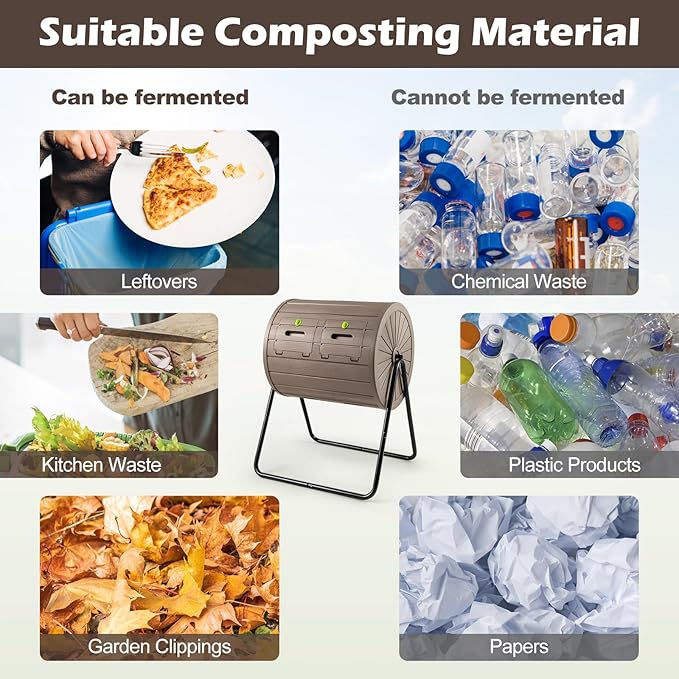 Goplus Compost Tumbler 37.5 Gallon Large Outdoor Compost Bin w/Dual Chambers 2 Lockable Doors Efficient 360° Rotating Batch Composter for Garden Yard Farm Waste Easy Assembly BPA-Free (Coffee)