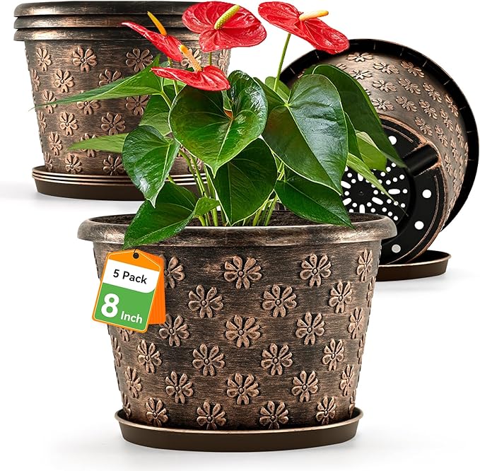 8 Inch Planter Pots for Plants Plastic Flower Pots Indoor Outdoor 5 Pack Resin Plant Pot with Drainage &amp Saucer Retro Decorative Garden Pot with Removable Trays for House