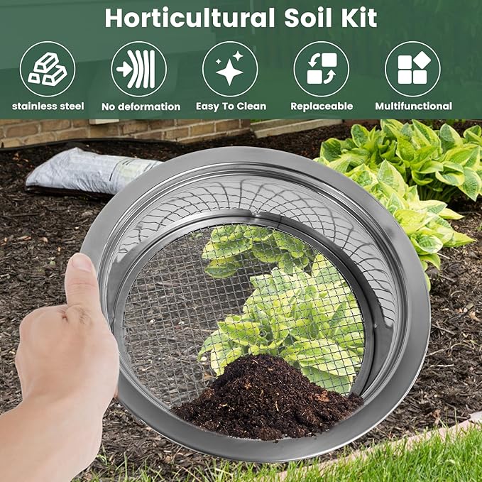 Soil Sifter Soil Sieve Sifter Set Stainless SteelGarden Sieve Set with 5 Interchangeable Mesh 1/3/6/9/12mm with Soil Scoops Gardening Tool Sifting Screen for Dirt Sand Rock Filtration Compost