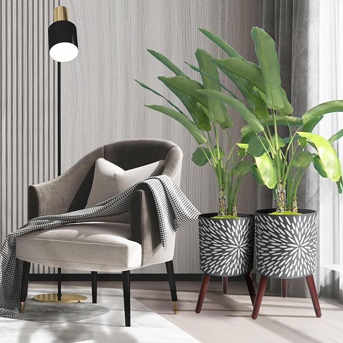 10 &amp 12 Inches Plant Pot with Stand Set of 2 Large Matte Gray Modern Planters for Indoor Outdoor Plants with Drainage Holes Big Flower Pots with Wood Legs