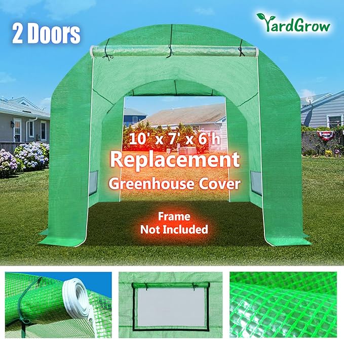 YardGrow 2-Doors Replacement Greenhouse Cover for Larger Walk in Outdoor Yard Plant Gardening Hot House Cover ONLY (10'x7'x6' Green)