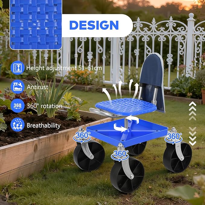 Rolling Garden Seat with Wheels 12.6 150KG Load Capacity Garden Cart with Seat Enhanced Mobility Casters Built-in Storage Tray Gardening Stools for Seniors for Yard Gardening Planting Tasks