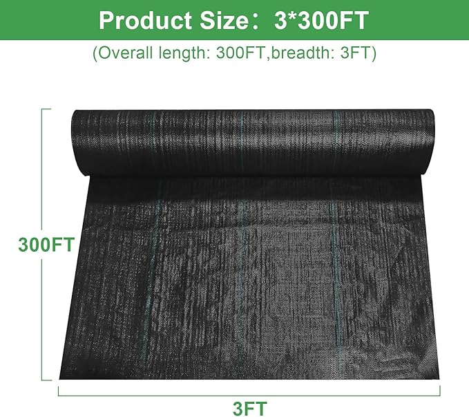 mupera 3x300FT Weed Barrier Fabric - 3.8oz Pro Grade Black Ground Cover UV-Resistant Woven PP Fabric for Driveway/Garden Commercial Strength No Weeds Guarantee