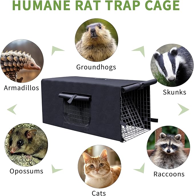 Live Animal Trap Cage with Cover Cat Trap for Stray Cats 32 Inch Heavy Duty Folding Skunk Traps with Real Door for Raccoons Opossums Groundhogs Skunks Feral Cats Squirrels-(32 x 10 x 12 inches)