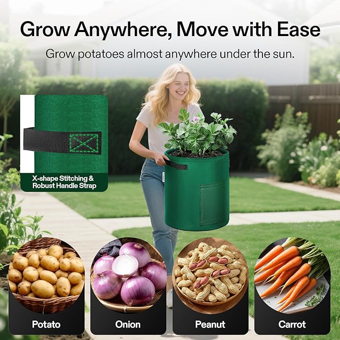 VIVOSUN 5-Pack 10 Gallon Potato Grow Bags for Growing Potatoes Fabric Potato Pots with Handle and Roll-up Window Potato Growing Containers Potato Planter Potato Planter for Growing Potatoes Green