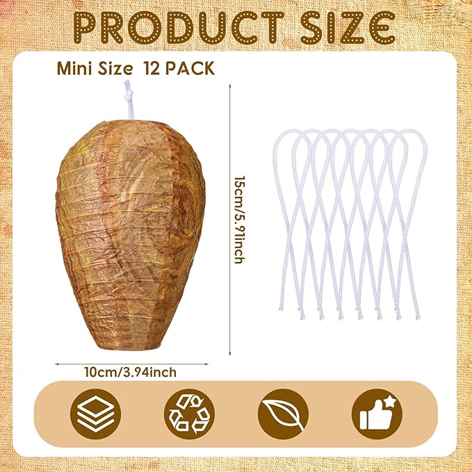 Qualirey 12 Pack Wasp Nest Decoy Hanging Fake Paper Bees Hornet Nest with Strings Stay Away from Wasps Hornets for Indoor and Outdoor Home Yard and Garden