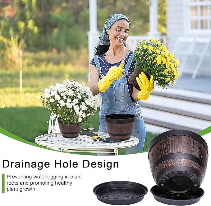 VECELO Plant Pots with Drainage Holes &amp Saucer 9 Inch Flower Pots with Tray 3 Pack Plastic Whiskey Barrel Planters for Indoor &amp Outdoor Garden Home Plants and Flowers