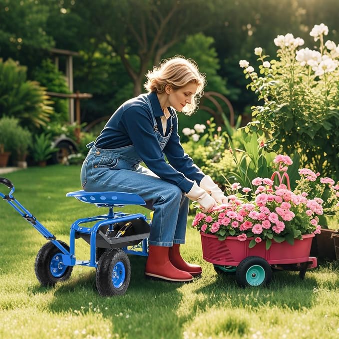 Garden Seat with Wheels Rolling Stool with Extendable Handle Storage Basket &amp Tool Tray Garden Scooter with 360 Degree Swivel Seat for Outdoor &amp Yard (Blue)