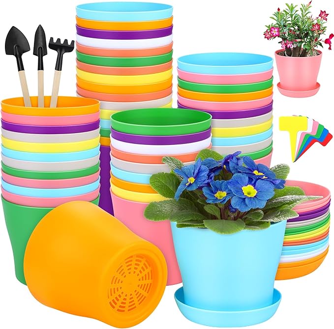 48 Pack Plastic Planters 5.5 Inch Flower Plant Pots Indoor Set Thickened Seedling Nursery Pots Seed Starting Pots with Drainage Holes Saucers Mini Garden Tool for Home Office Garden Multicolor