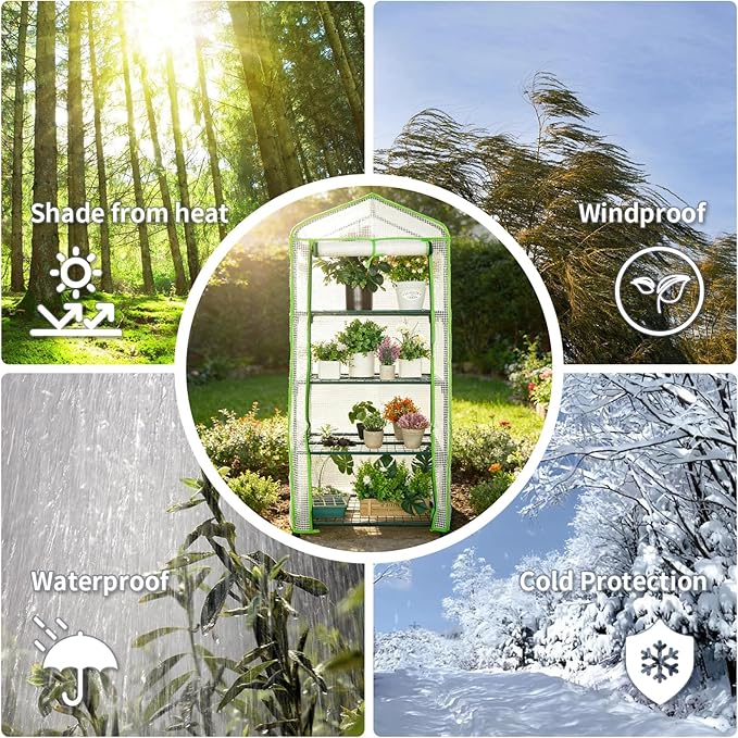Mini Greenhouse for Indoor Outdoor Small Plants Green House with 4 Tier Shelves Portable Plastic Greenhouses with Durable PE Cover for Garden Backyard Patio Balcony Porch (White)