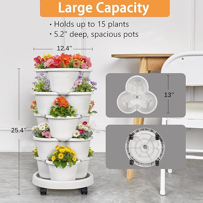 VECELO 5 Tier Vertical Garden Planter Self Watering Stackable Planters with Wheels for Strawberries Herbs Flowers Vegetables Gray